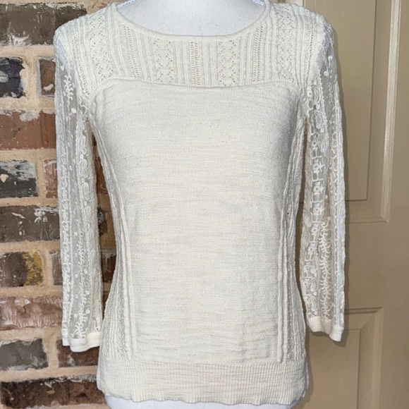 Knitted & Knotted Coquette Cream Lace Sleeve Sweater Texture Cotton Rear Zip SzM - Picture 6 of 16